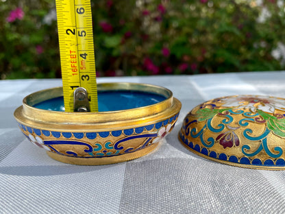 Vintage Cloisonné Enamel Hand Painted Powder Jar Trinket Box with White Flowers