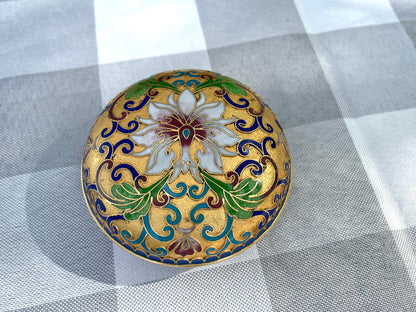 Vintage Cloisonné Enamel Hand Painted Powder Jar Trinket Box with White Flowers