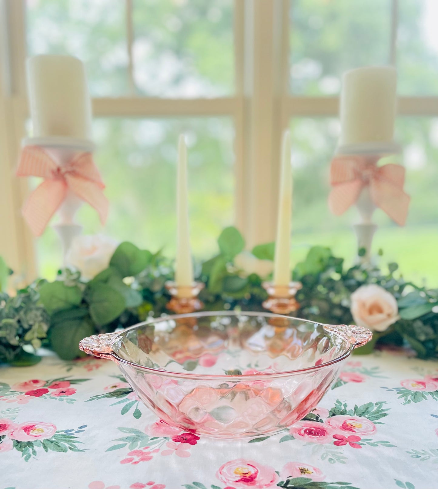 Antique 1930s Pink Depression Glass Berry Bowl with Ornate Glass Handles