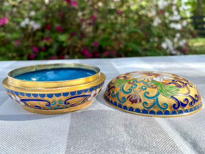 Vintage Cloisonné Enamel Hand Painted Powder Jar Trinket Box with White Flowers