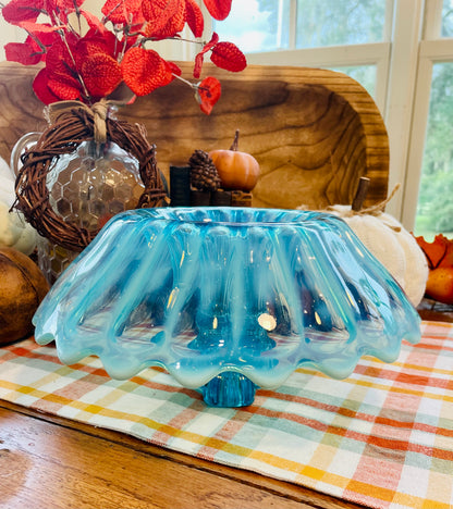 Rare Antique Blue Pearline 10 inch Bowl with Candle Holder Centerpiece