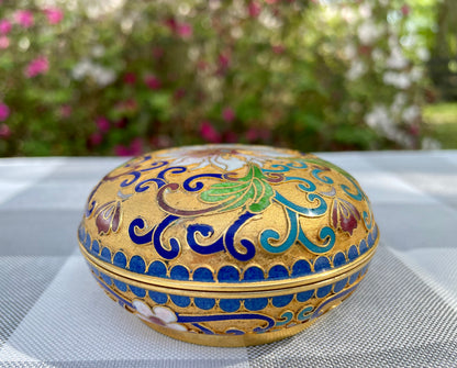 Vintage Cloisonné Enamel Hand Painted Powder Jar Trinket Box with White Flowers