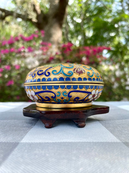 Vintage Cloisonné Enamel Hand Painted Powder Jar Trinket Box with White Flowers