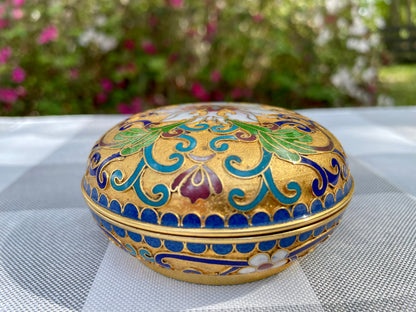 Vintage Cloisonné Enamel Hand Painted Powder Jar Trinket Box with White Flowers