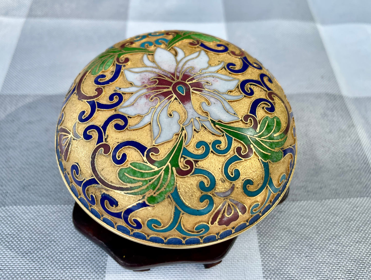 Vintage Cloisonné Enamel Hand Painted Powder Jar Trinket Box with White Flowers