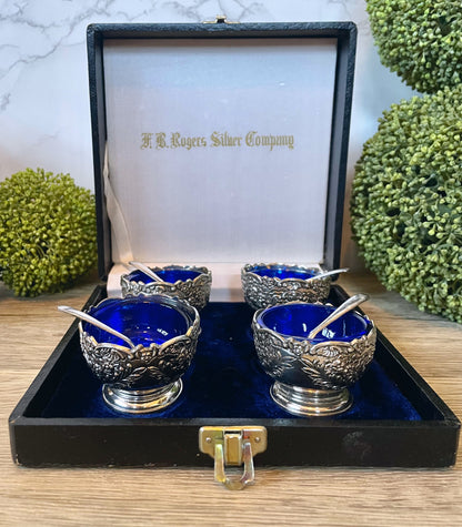 F. B. Rogers Silver Company Salt Cellars with Cobalt Blue Glass Inserts and Spoons