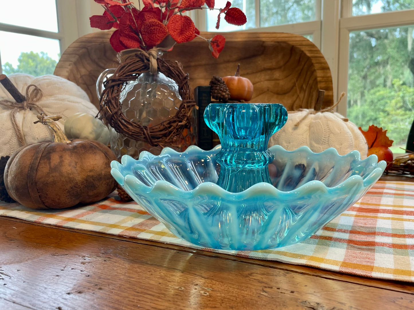 Rare Antique Blue Pearline 10 inch Bowl with Candle Holder Centerpiece