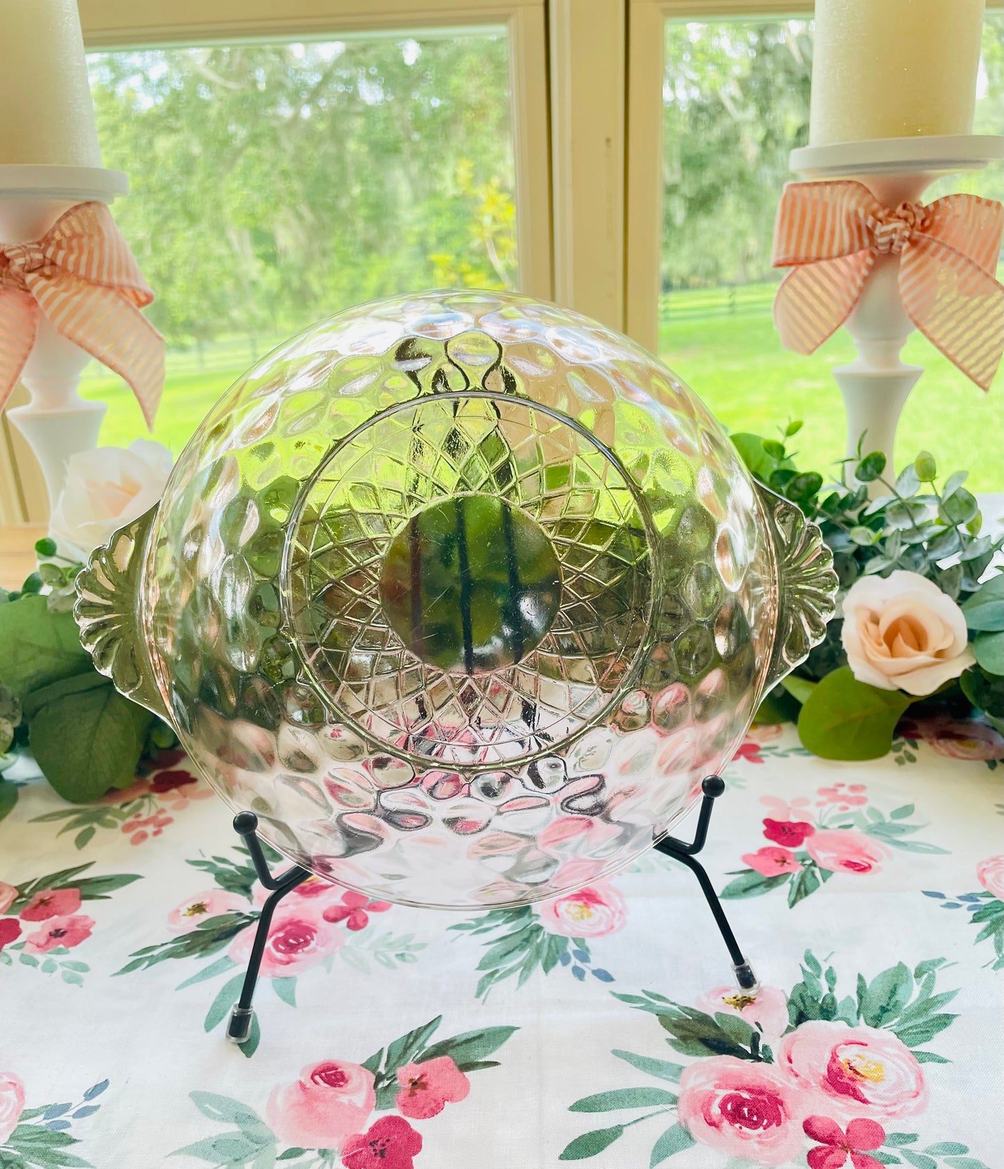 Antique 1930s Pink Depression Glass Berry Bowl with Ornate Glass Handles