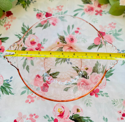 Antique 1930s Pink Depression Glass Berry Bowl with Ornate Glass Handles