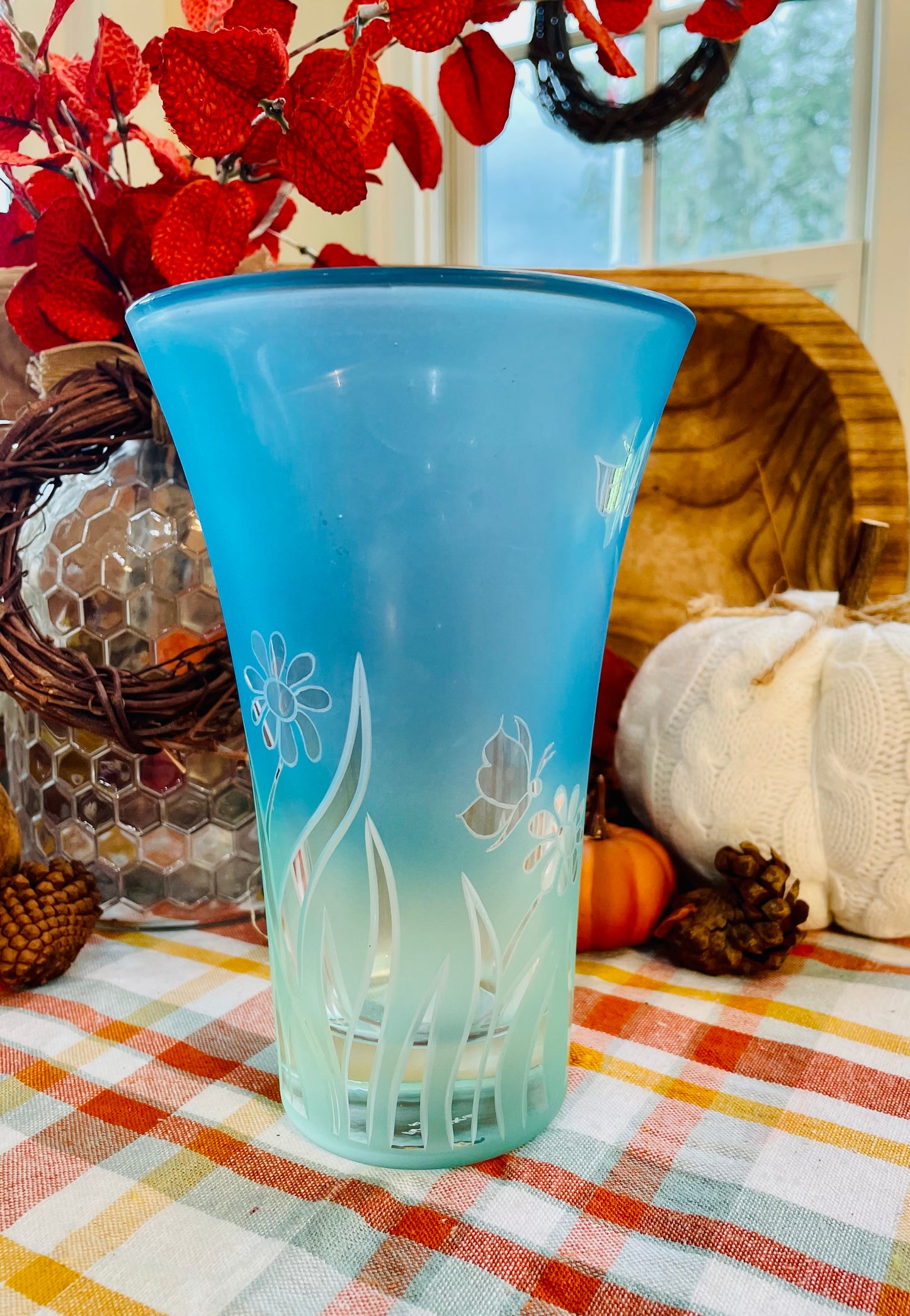 Vintage Lenox Crystal Frosted Ombre Vase with Flowers and Butterflies