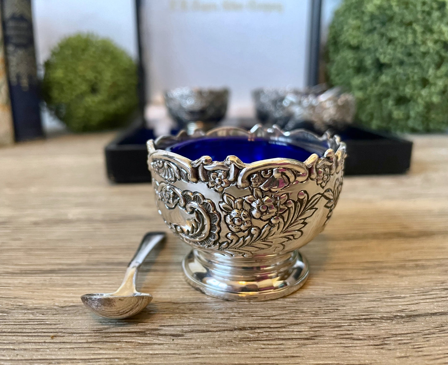 F. B. Rogers Silver Company Salt Cellars with Cobalt Blue Glass Inserts and Spoons