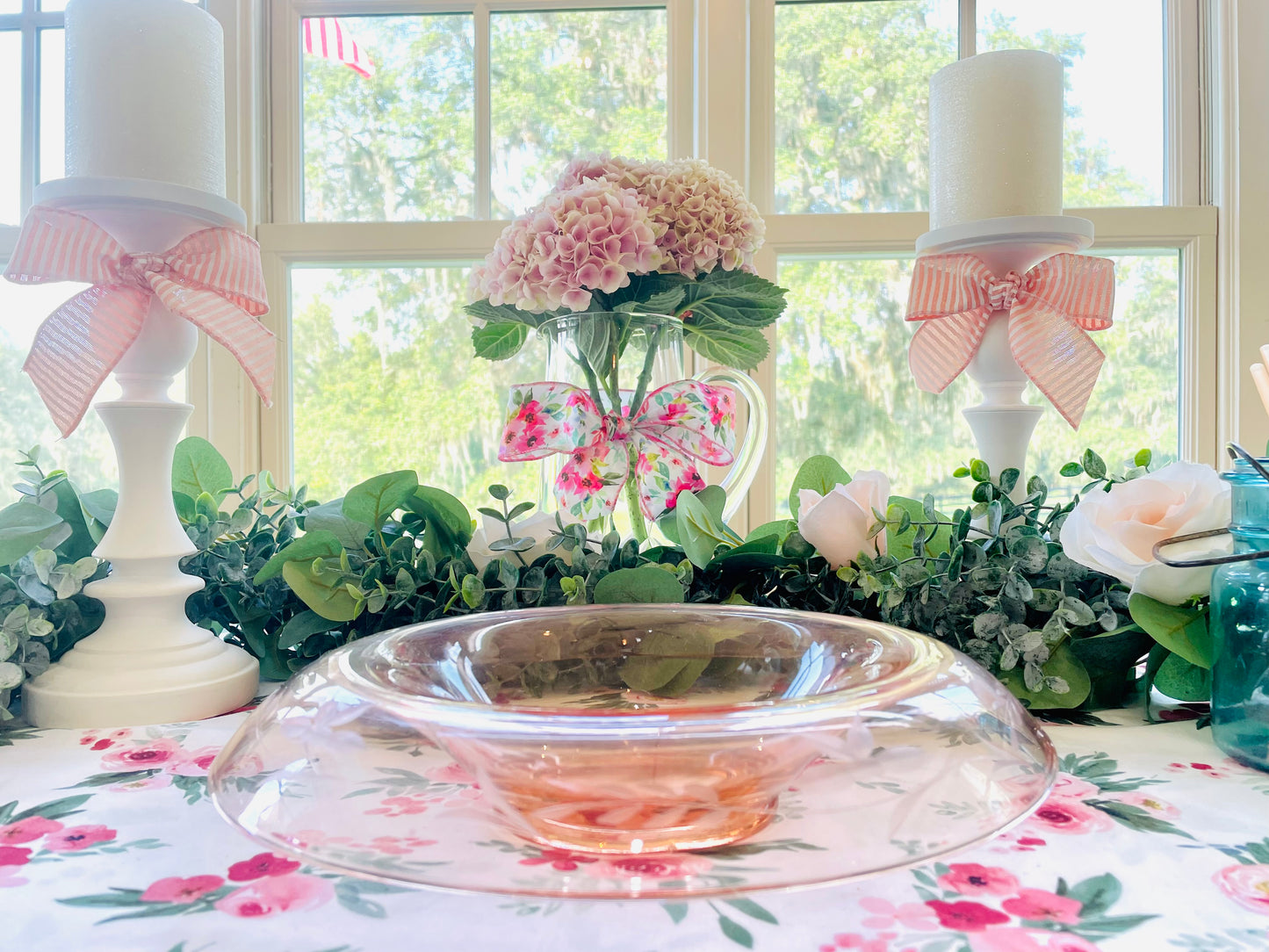 Antique 1930s Pink Depression Glass Etched Rolled Edge Console Bowl