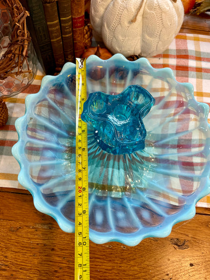 Rare Antique Blue Pearline 10 inch Bowl with Candle Holder Centerpiece