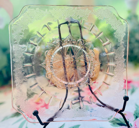 Antique Jeannette Adam Pink Depression Glass Etched 6 Inch Plate