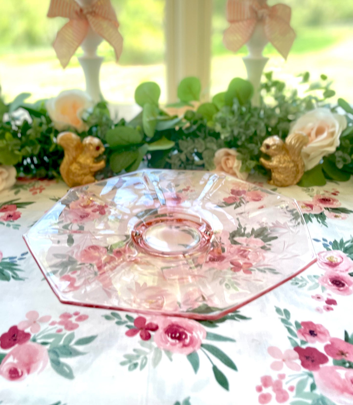 Antique Pink Depression Glass Octagon Shaped Pedestal Cake Stand with Etched Flowers