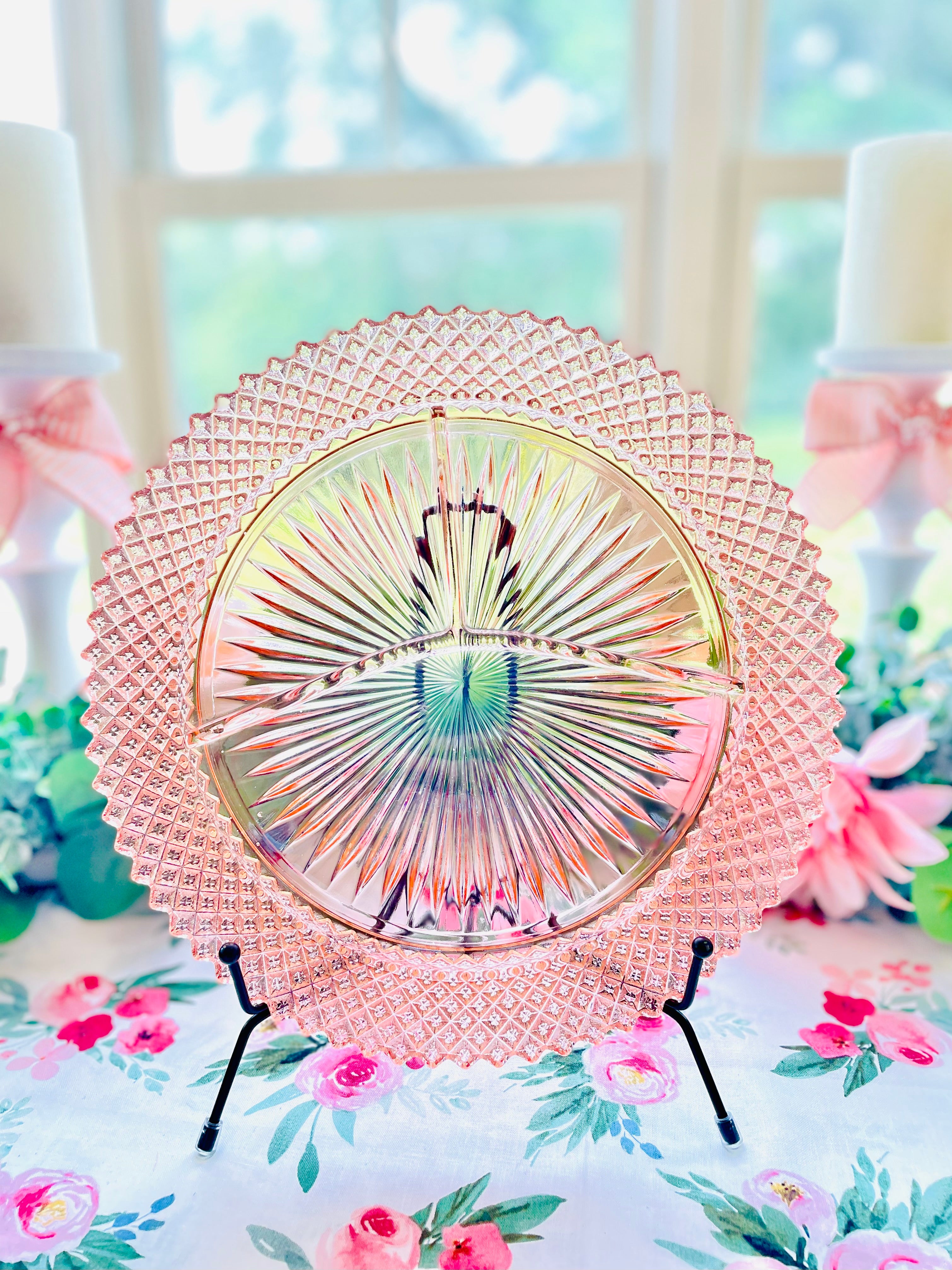 Pink depression glass cake plate best sale