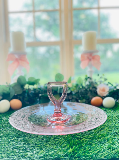 Antique Pink Depression Glass Oval Floral Etched Triangle Handle Sandwich Tray