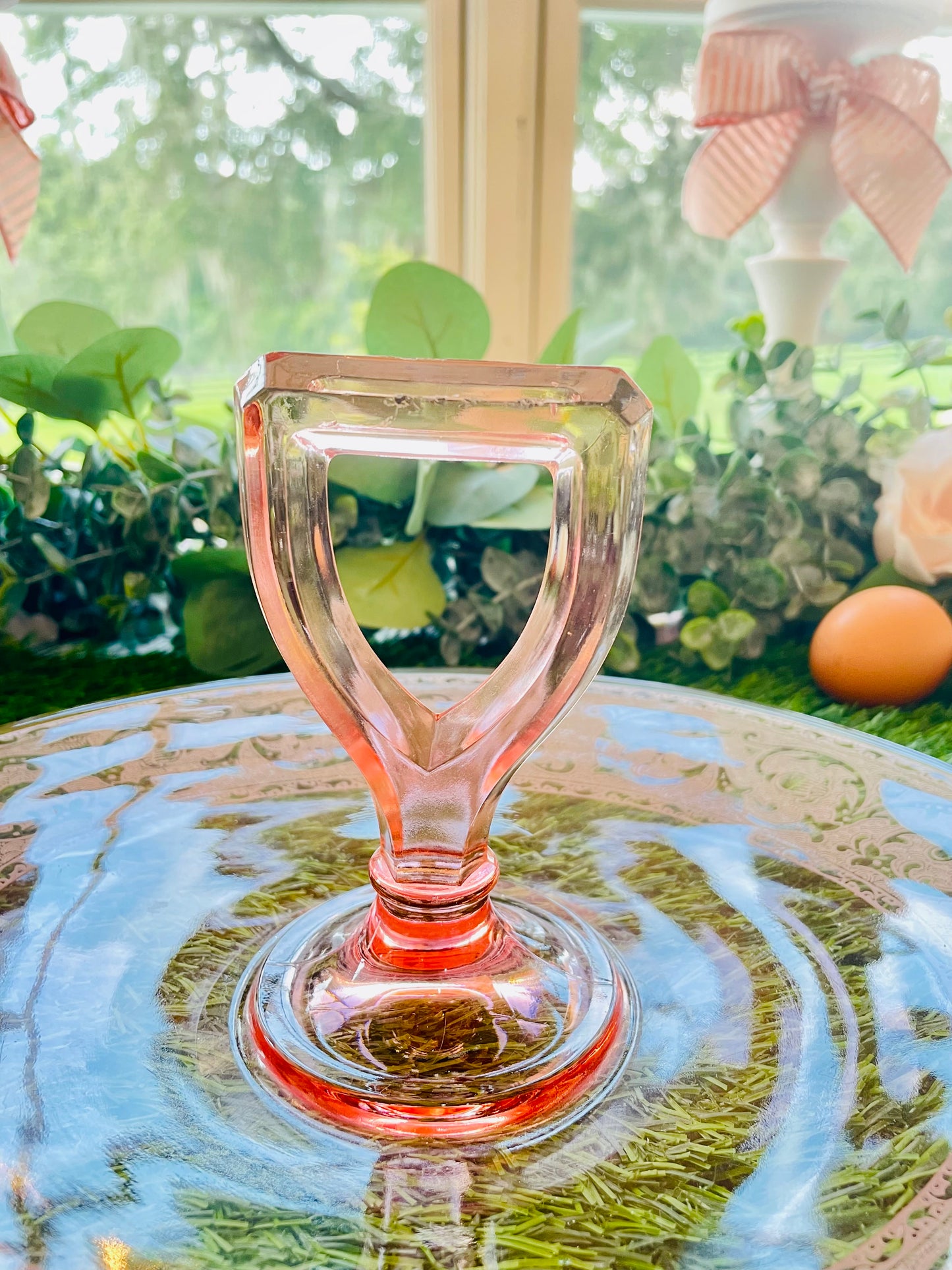 Antique Pink Depression Glass Oval Floral Etched Triangle Handle Sandwich Tray