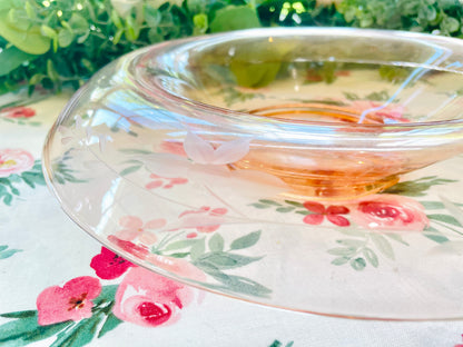 Antique 1930s Pink Depression Glass Etched Rolled Edge Console Bowl