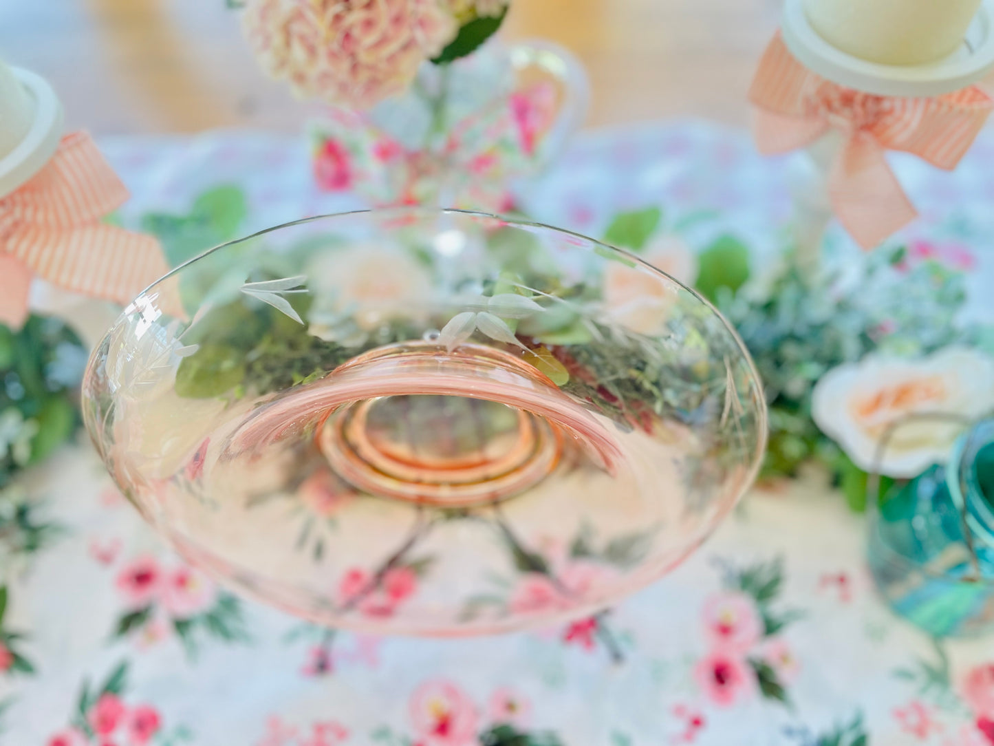 Antique 1930s Pink Depression Glass Etched Rolled Edge Console Bowl