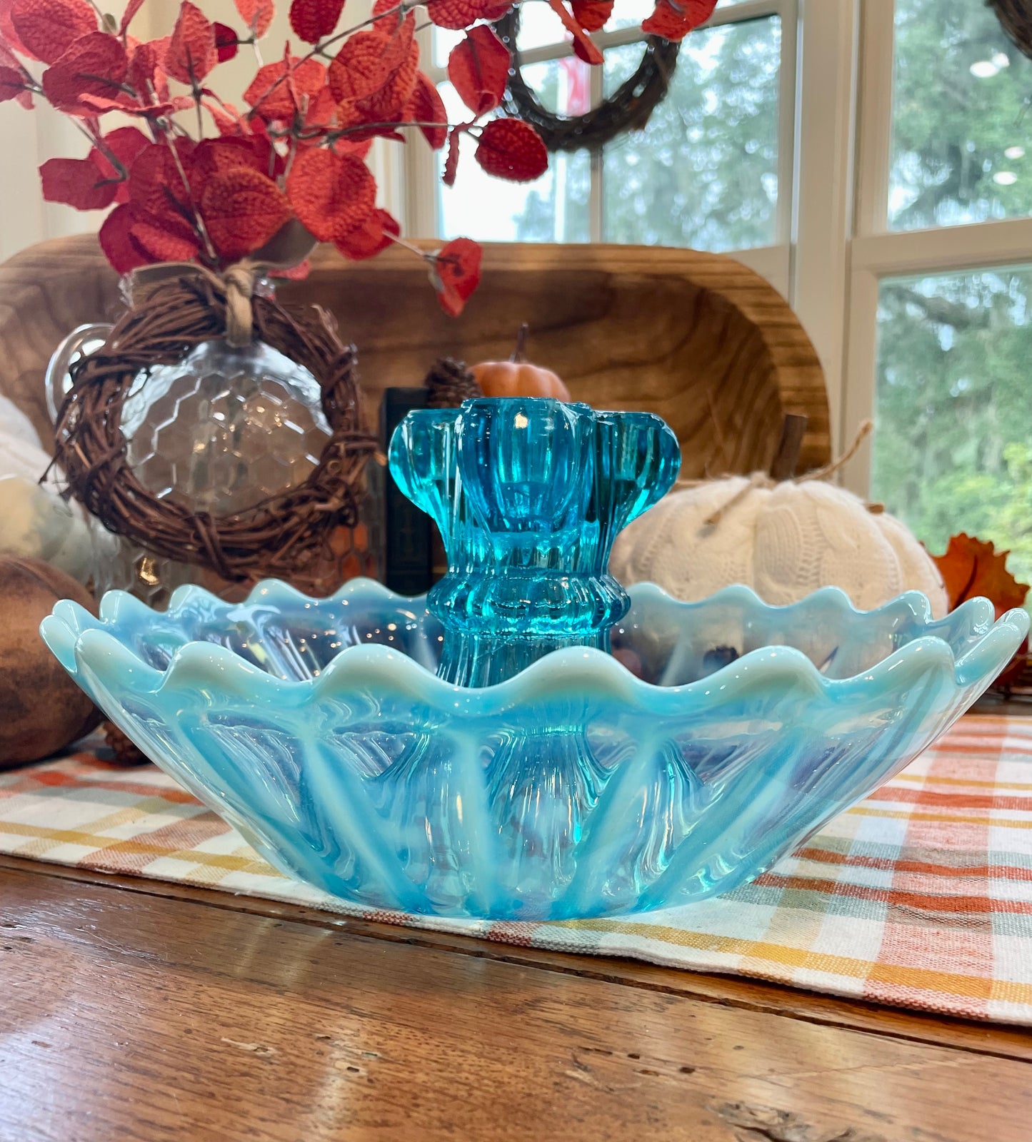 Rare Antique Blue Pearline 10 inch Bowl with Candle Holder Centerpiece