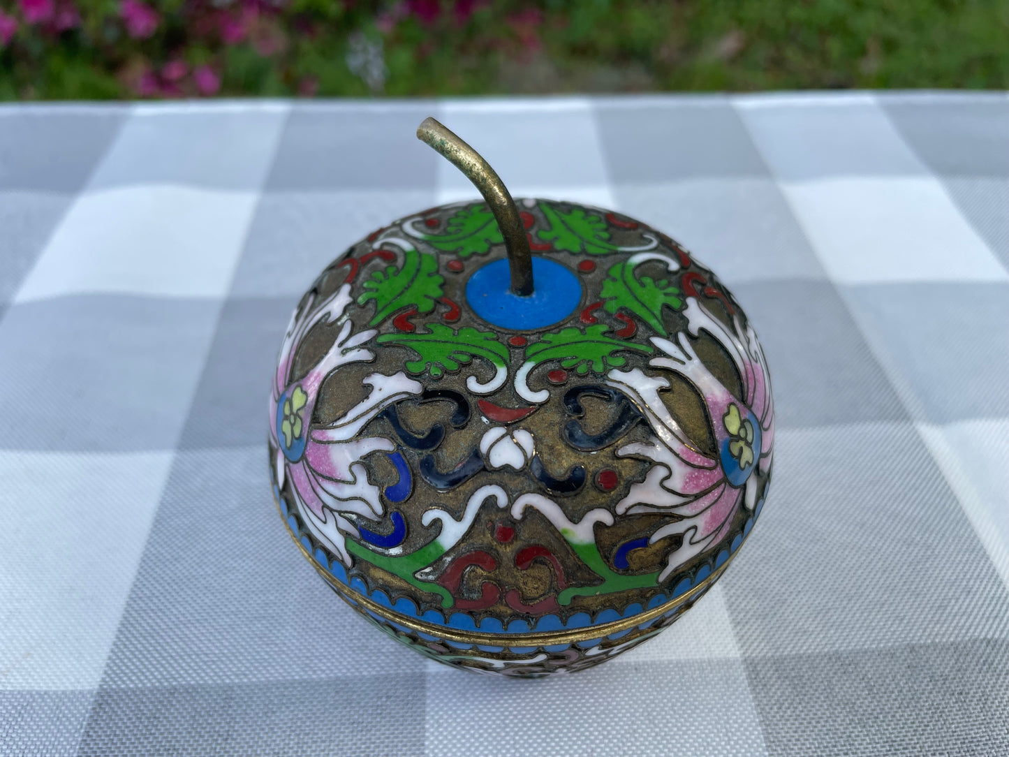 Vintage Cloisonne Ornate Enamel over Bronze Apple Trinket Box Candle