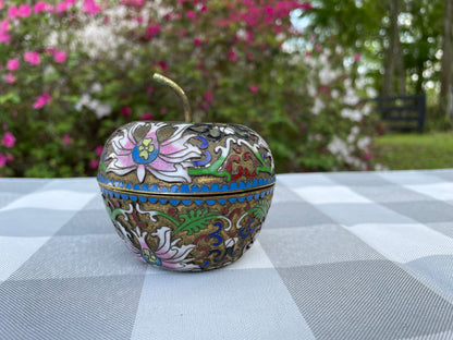 Vintage Cloisonne Ornate Enamel over Bronze Apple Trinket Box Candle