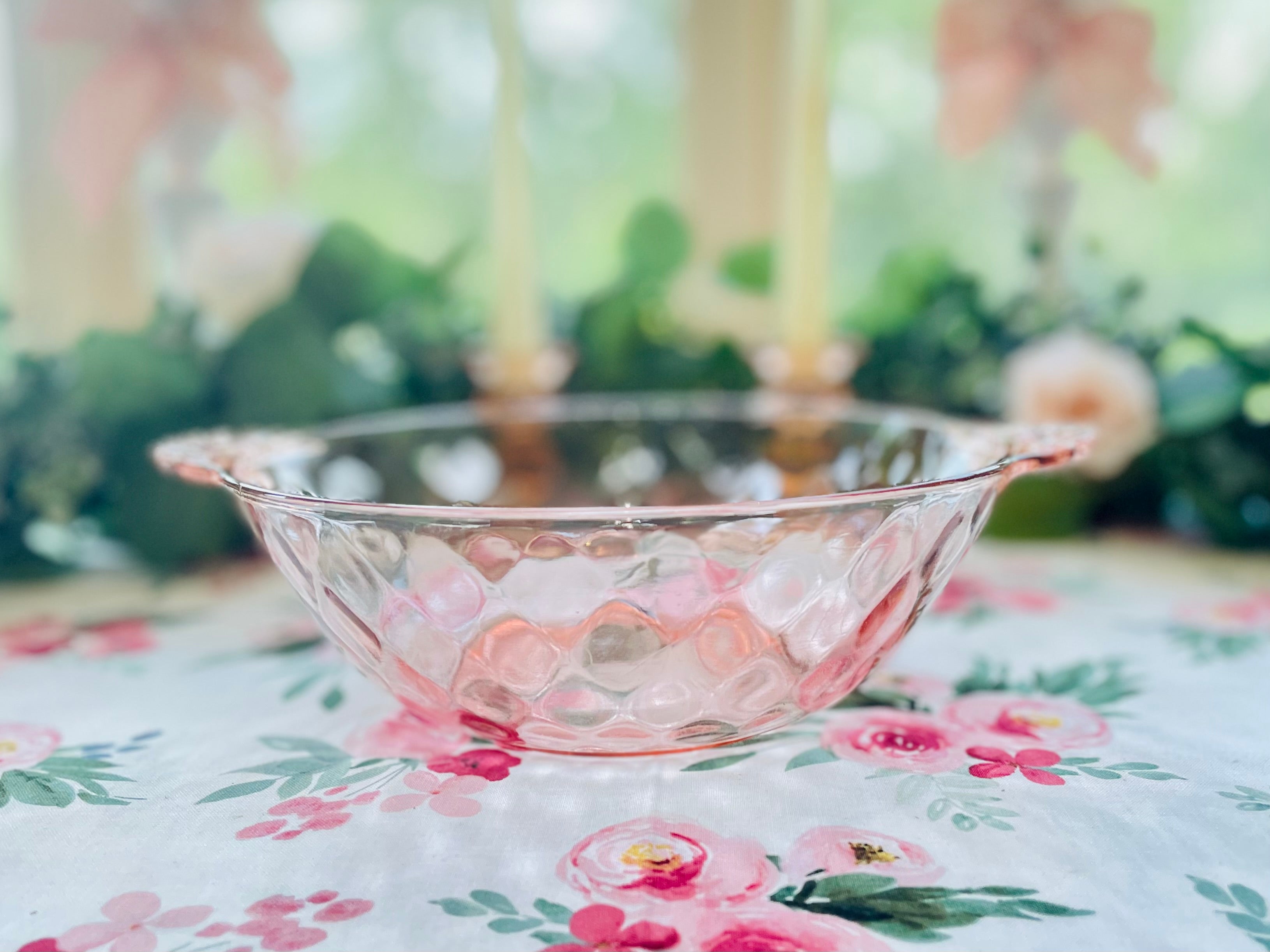 Berry Bowl Set, Hocking Satinized Diamond Optic Handle Pink Glass 1930's Vintage Dessert Bowl Set with Painted Dogwood 2024 Design