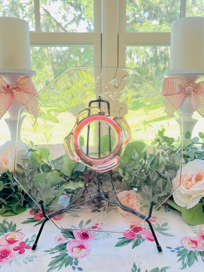 Antique Pink Depression Glass Octagon Shaped Pedestal Cake Stand with Etched Flowers