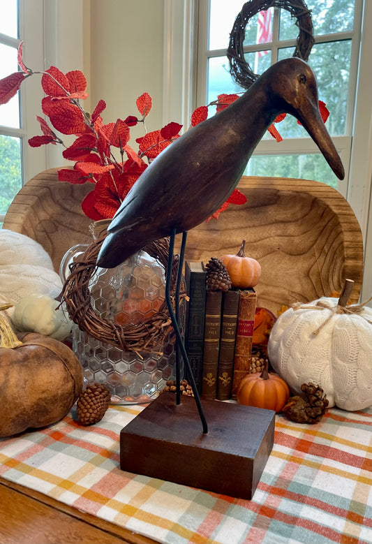 Vintage Dark Wood Heron Statue with Matte Metal Legs and Wooden Stand