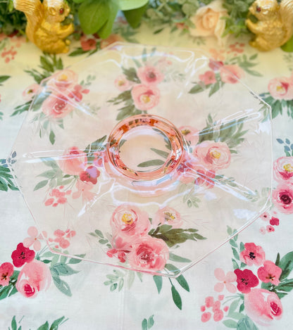 Antique Pink Depression Glass Octagon Shaped Pedestal Cake Stand with Etched Flowers