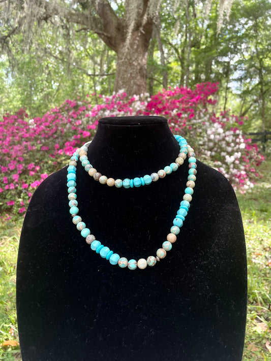 Turquoise Beaded Suede Rope Style Necklace