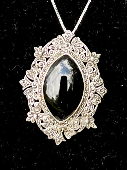 Large Vintage Black Onyx Gothic Style Filigree Necklace