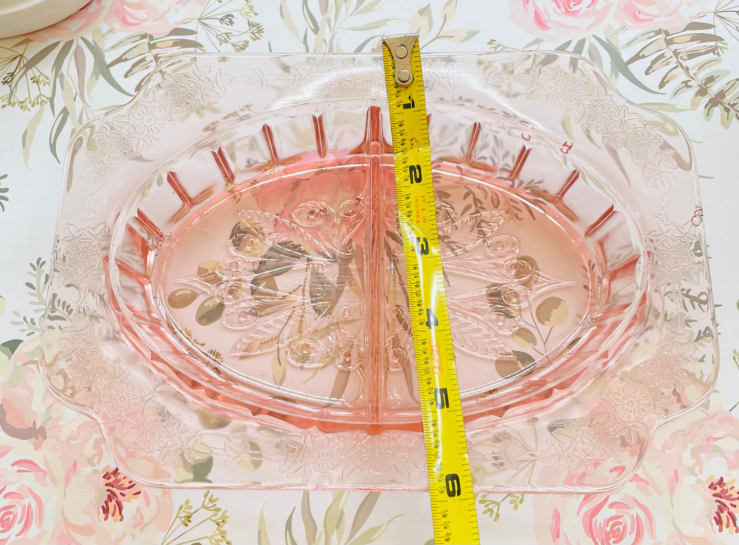 Antique Pink Depression Glass Ornate Jeannette Adam Floral Etched Square Shaped Divided Dish