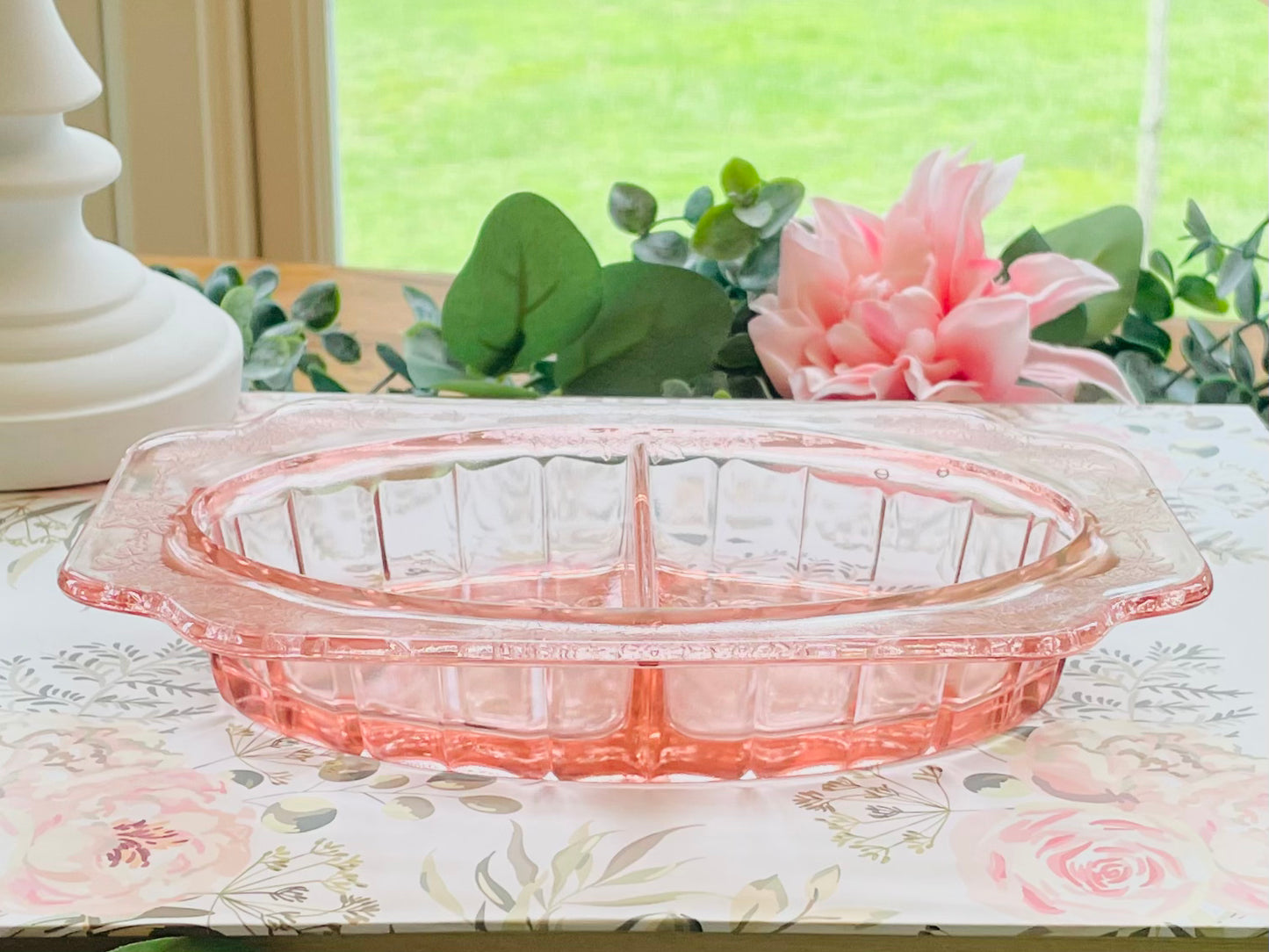 Antique Pink Depression Glass Ornate Jeannette Adam Floral Etched Square Shaped Divided Dish