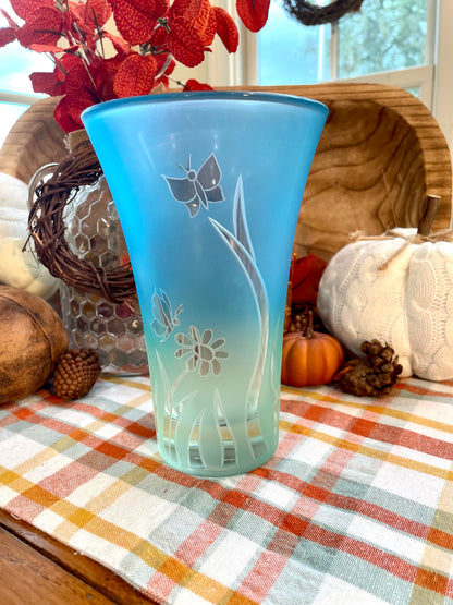 Vintage Lenox Crystal Frosted Ombre Vase with Flowers and Butterflies