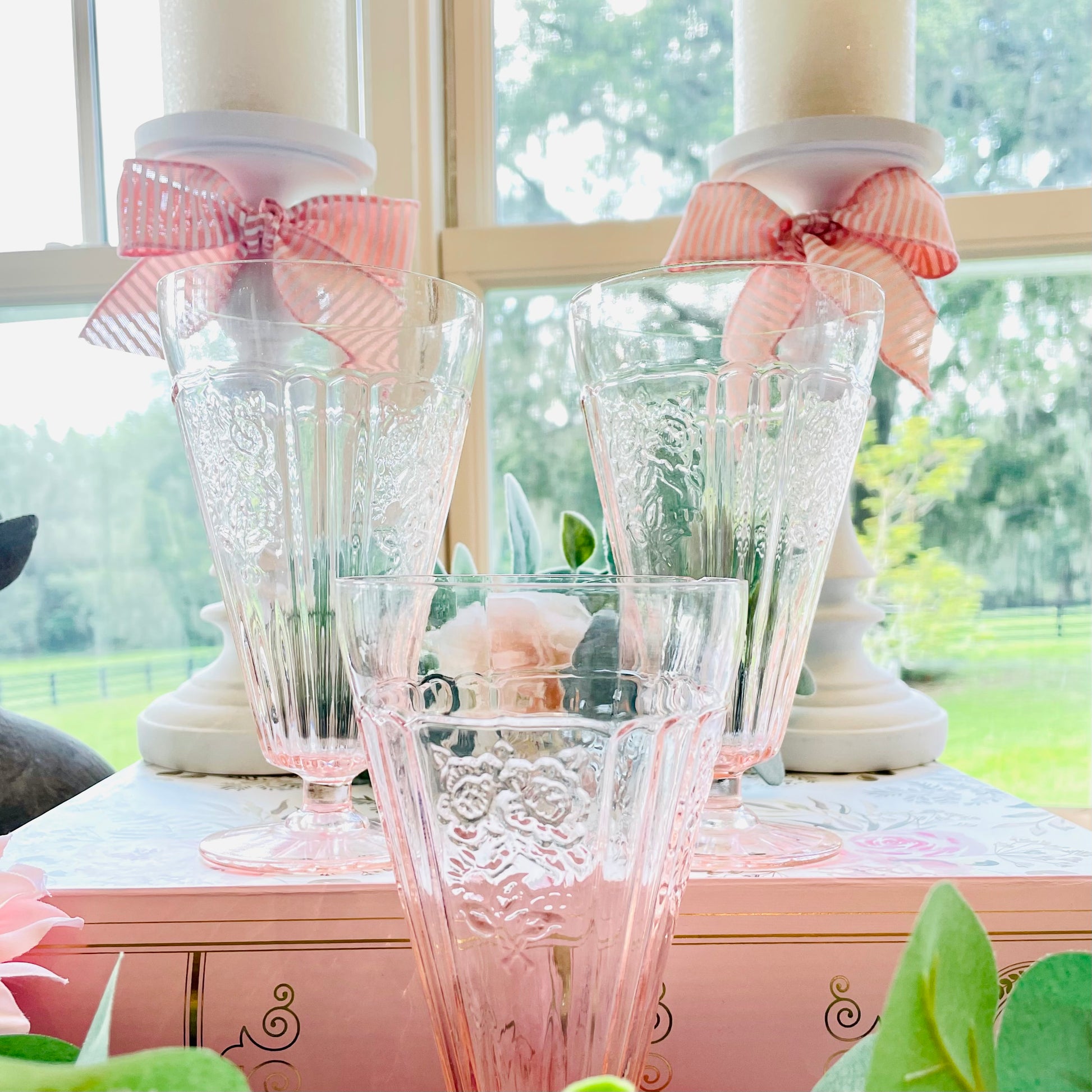 Antique Pink Depression Glass Square Optic Tea Cup and Saucer Set