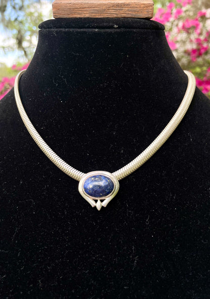 Vintage Blue Sodalite Stone and Sterling Silver Necklace and Ring Matching Jewelry Set