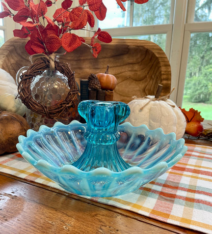 Rare Antique Blue Pearline 10 inch Bowl with Candle Holder Centerpiece