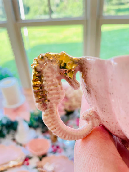 Vintage 1950s Shell Sea Ware Pink and Gold Glitter Sea Shell Shaped Dining Set with Sea Horse Tea Cups