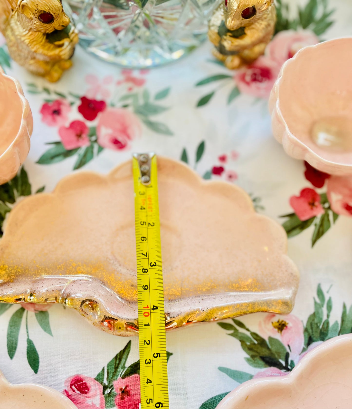 Vintage 1950s Shell Sea Ware Pink and Gold Glitter Sea Shell Shaped Dining Set with Sea Horse Tea Cups