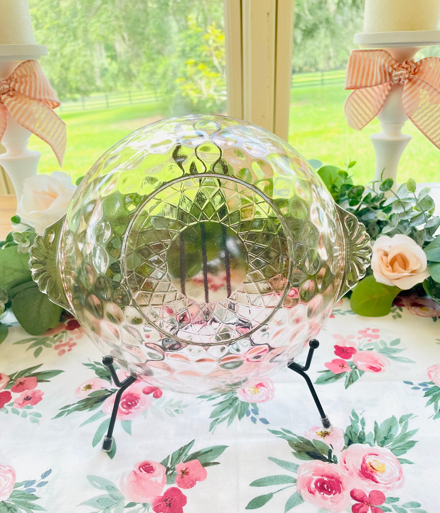 Antique 1930s Pink Depression Glass Berry Bowl with Ornate Glass Handles