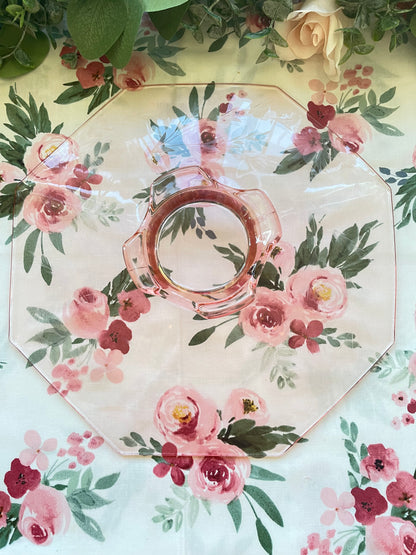 Antique Pink Depression Glass Octagon Shaped Pedestal Cake Stand with Etched Flowers