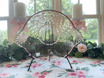 Antique 1930s Pink Depression Glass Berry Bowl with Ornate Glass Handles