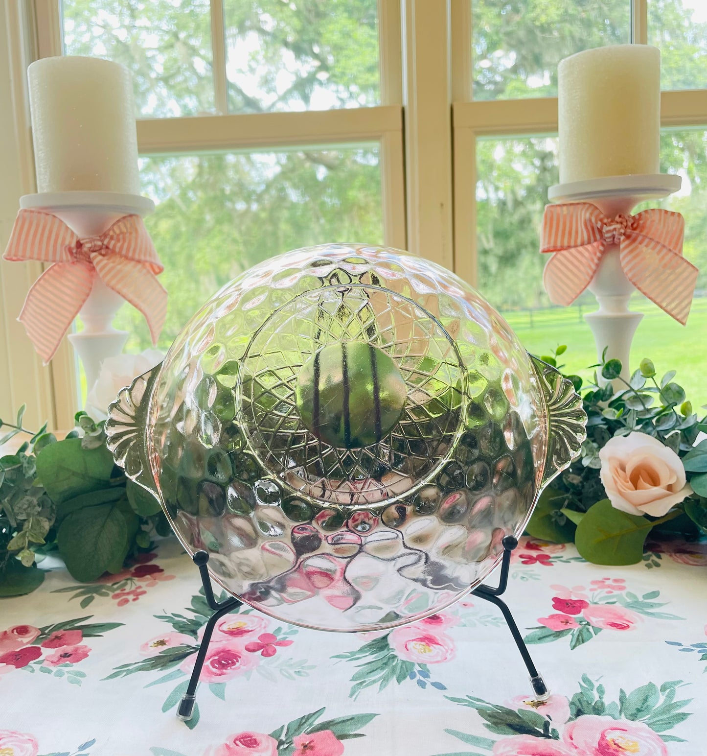 Antique 1930s Pink Depression Glass Berry Bowl with Ornate Glass Handles