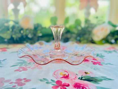 Rare 1920s Pink Depression Glass Ruffle Edge Round Centered Handle Mint Dish