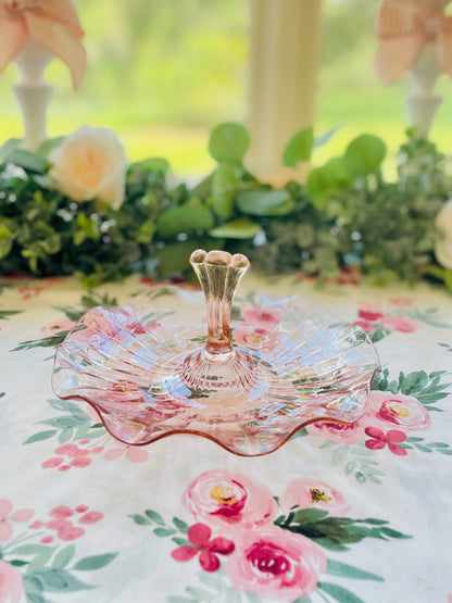 Rare 1920s Pink Depression Glass Ruffle Edge Round Centered Handle Mint Dish