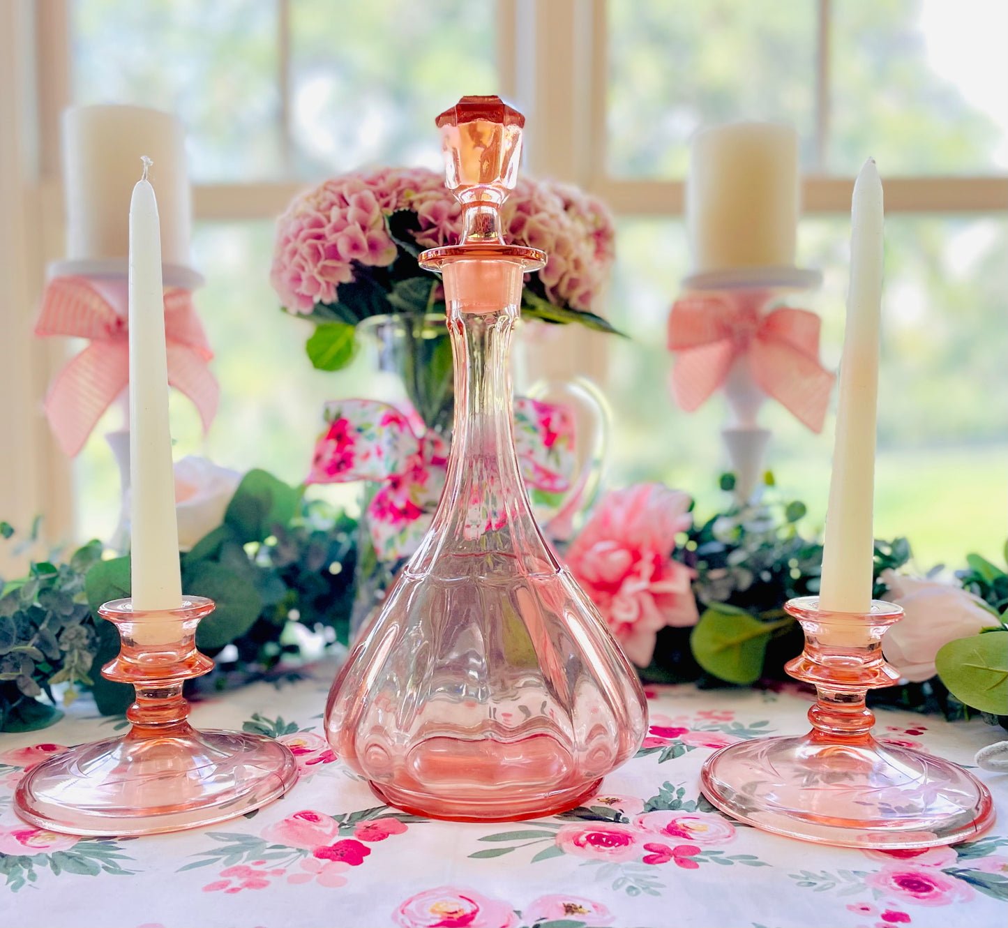 Rare Antique Classic Pink Depression Glass Decanter with Hexagon Shaped Stopper