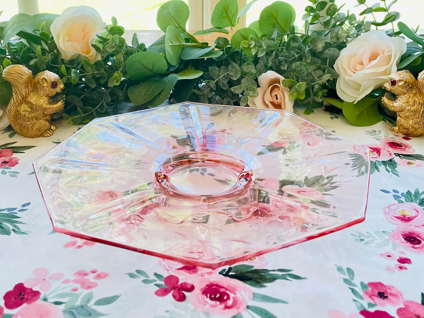 Antique Pink Depression Glass Octagon Shaped Pedestal Cake Stand with Etched Flowers