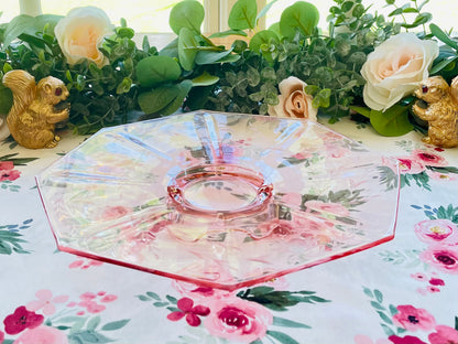 Antique Pink Depression Glass Octagon Shaped Pedestal Cake Stand with Etched Flowers